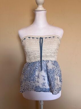 Hollister Cream Crochet & Blue Floral Strapless Crop Top